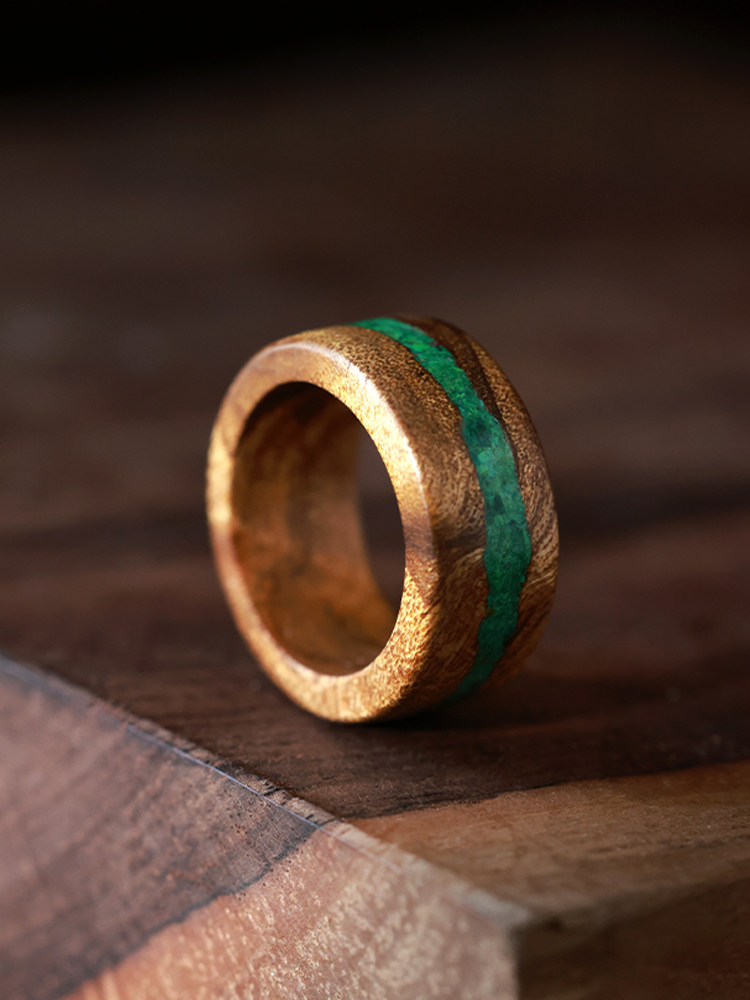(image for) Nanmu Wood 10mm Mens Wedding Band Malachite Inlay