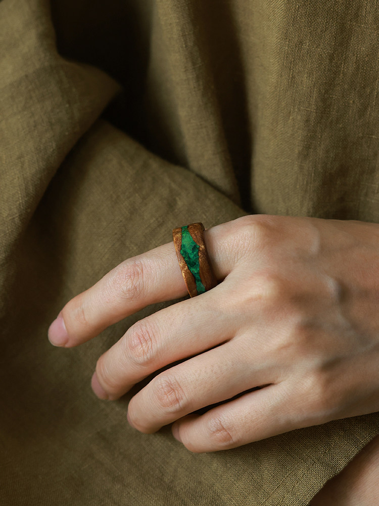 (image for) Nanmu Wood 10mm Mens Wedding Band Malachite Inlay