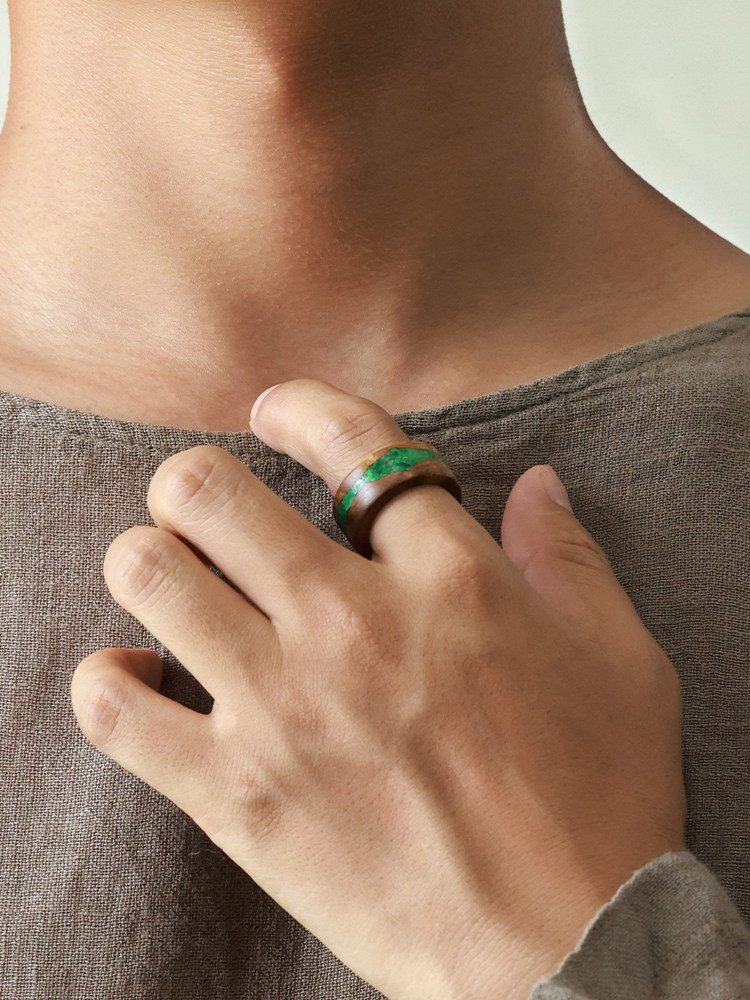 (image for) Nanmu Wood 10mm Mens Wedding Band Malachite Inlay
