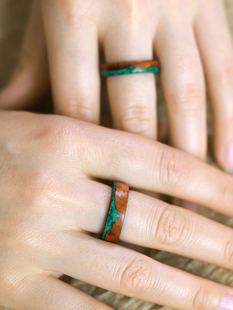 (image for) Golden Silk Nanmu Malachite Mountain & Wave Rings for Couples