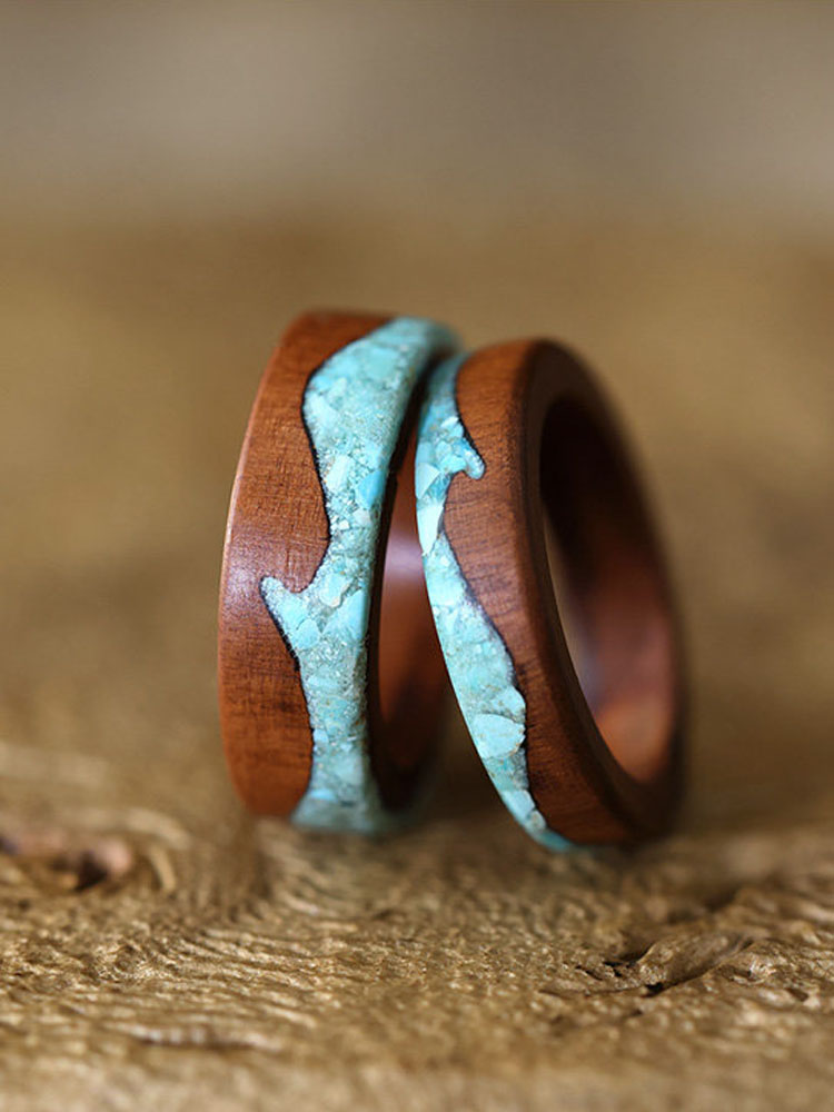 (image for) Peachwood Turquoise Wave Couple Wedding Bands - 5mm / 7mm