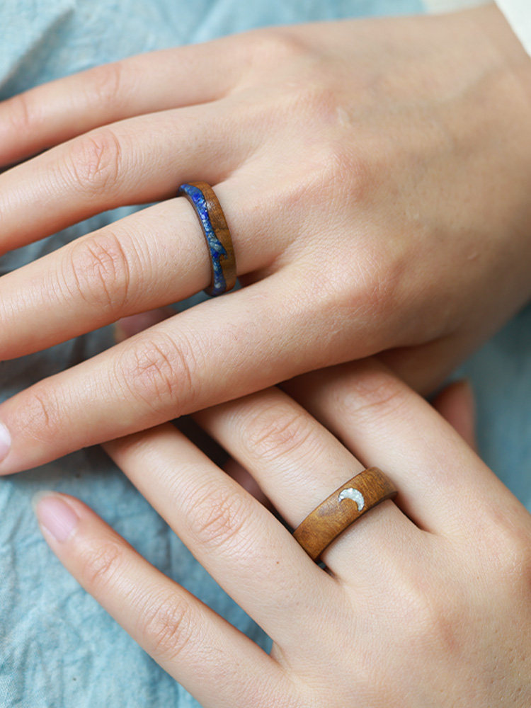 (image for) Phoebe Wood Shell Moon Lapis Lazuli Wave Couple Rings