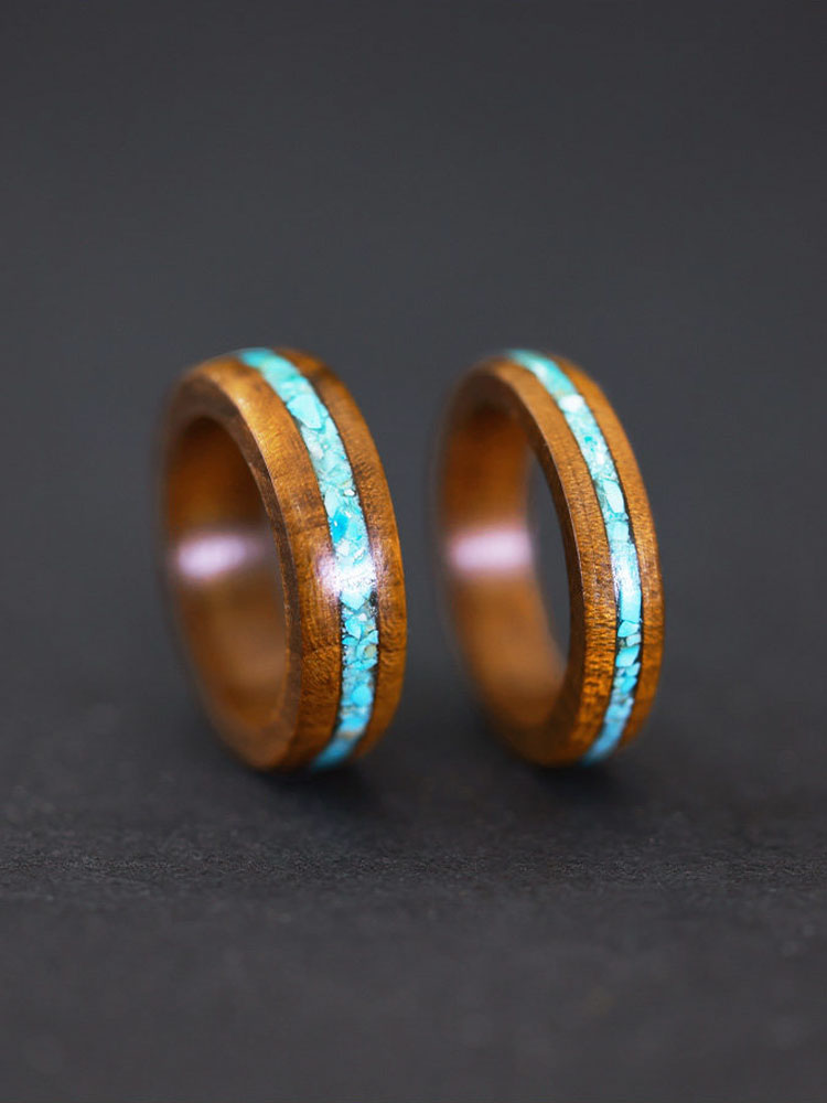 (image for) Phoebe Zhennan Wood Turquoise Inlay Wedding Bands For Couples