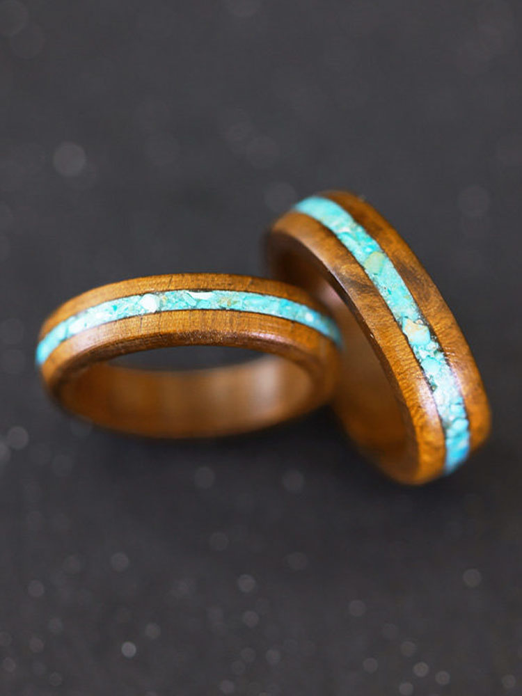 (image for) Phoebe Zhennan Wood Turquoise Inlay Wedding Bands For Couples