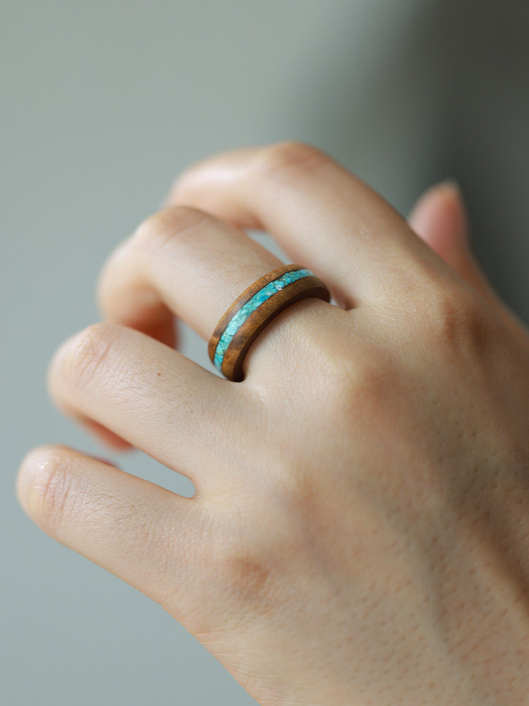 (image for) Phoebe Zhennan Wood Turquoise Inlay Wedding Band For Men - 7mm
