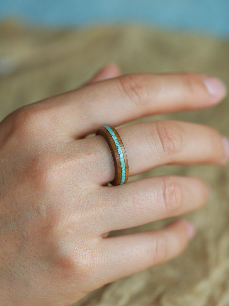 (image for) Phoebe Zhennan Wood Turquoise Inlay Wedding Band For Women - 5mm