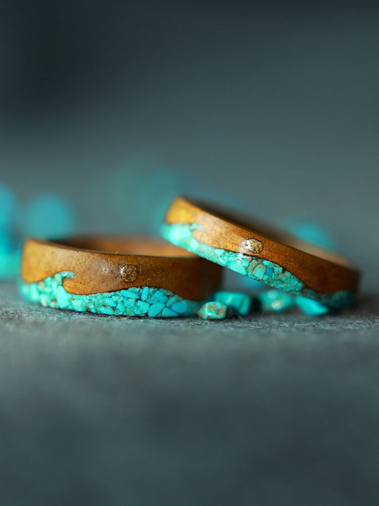 (image for) Phoebe Wood Copper Sun Turquoise Wave Couple Wedding Rings