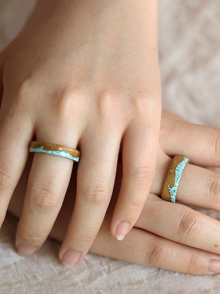 (image for) Phoebe Wood Copper Sun Turquoise Wave Couple Wedding Rings
