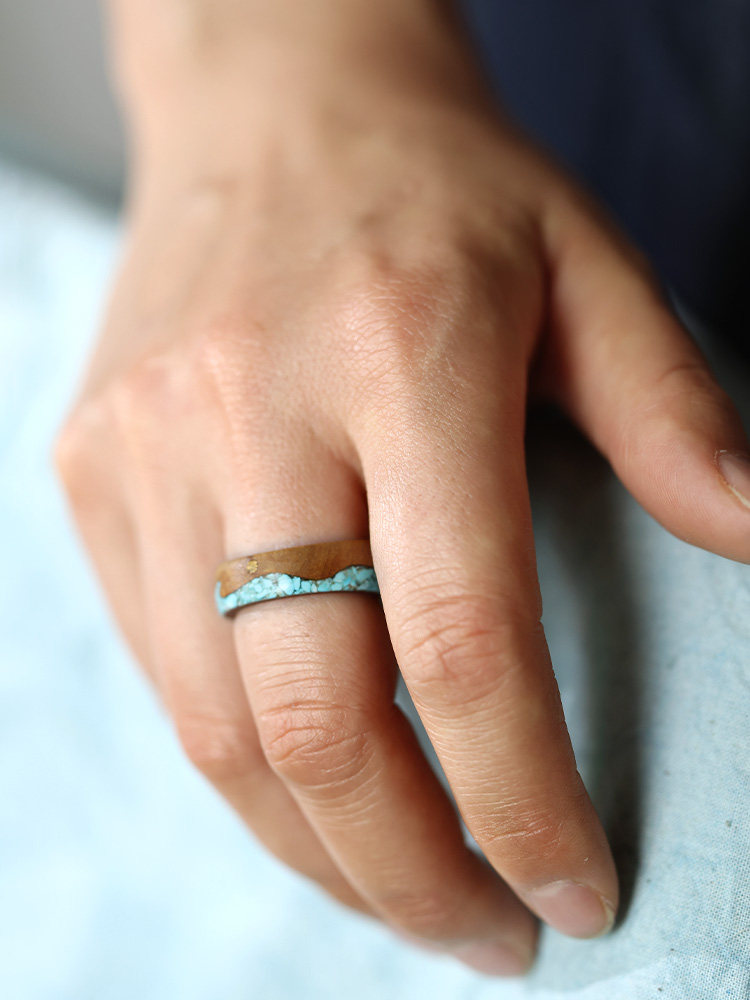 (image for) Phoebe Wood Copper Sun Turquoise Wave Mens Wedding Rings - 7mm