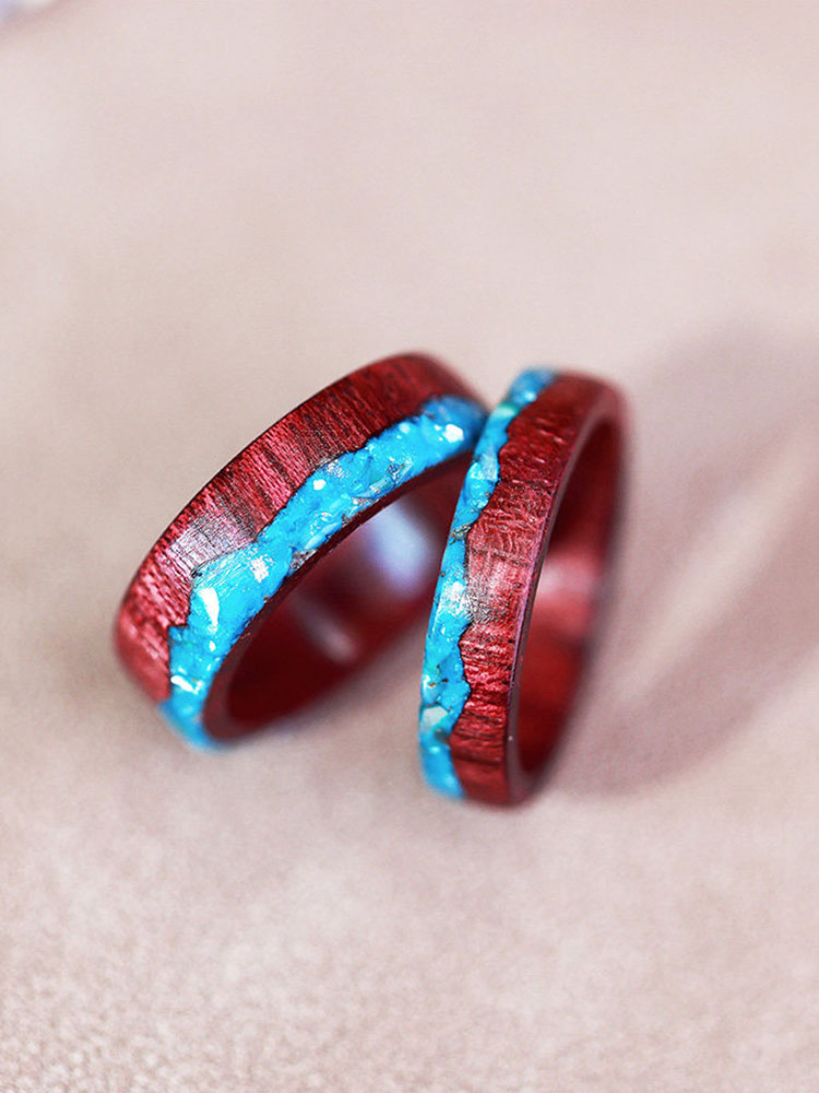 (image for) Purpleheart Wood Blue Shell Mountain Rings For Couples