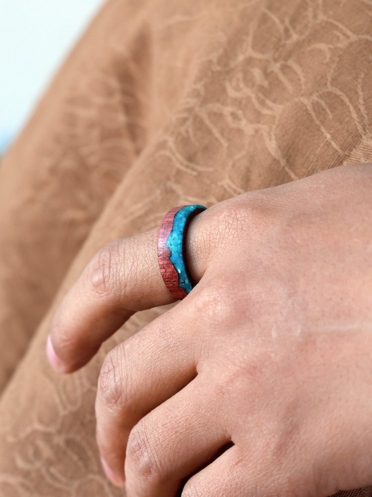 (image for) Purpleheart Wood Blue Shell Mountain Rings For Couples