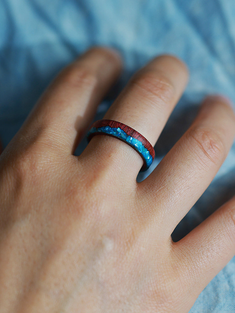 (image for) Purpleheart Wood Blue Shell Mountain Ring For Women - 5mm