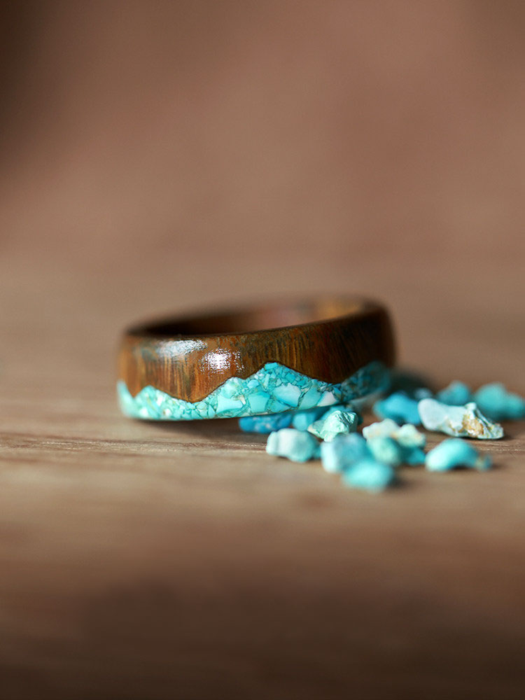 (image for) Green Sandalwood Verawood Turquoise Mountain Rings For Couples