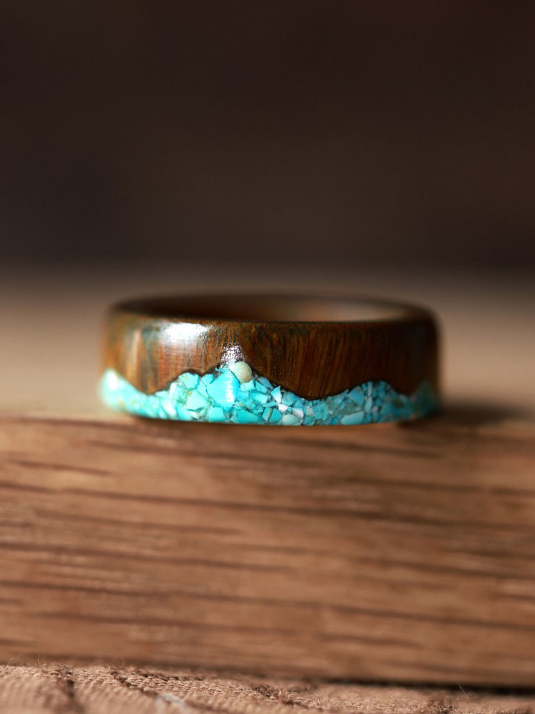 (image for) Green Sandalwood Verawood Turquoise Mountain Ring For Men - 7mm