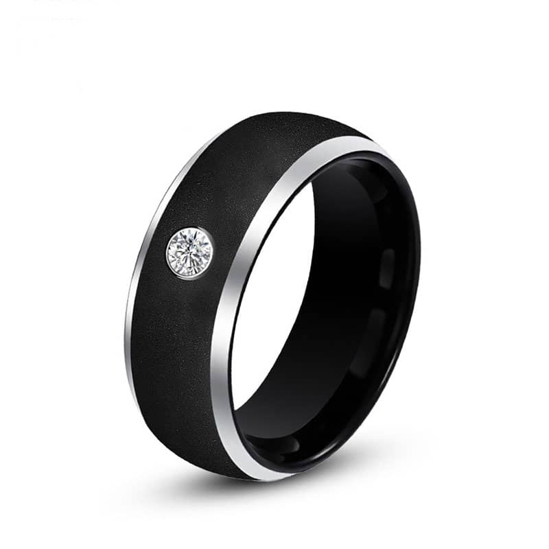 (image for) 8mm Black Dome Tungsten Ring Mens Sandblasted Brushed Finish Wedding Band with Diamond