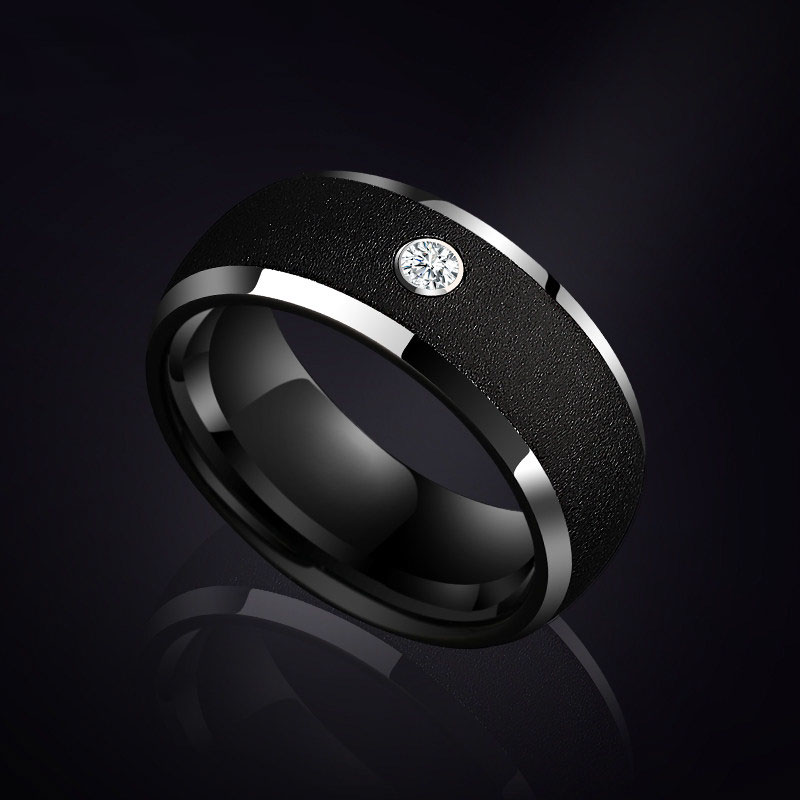(image for) 8mm Black Dome Tungsten Ring Mens Sandblasted Brushed Finish Wedding Band with Diamond