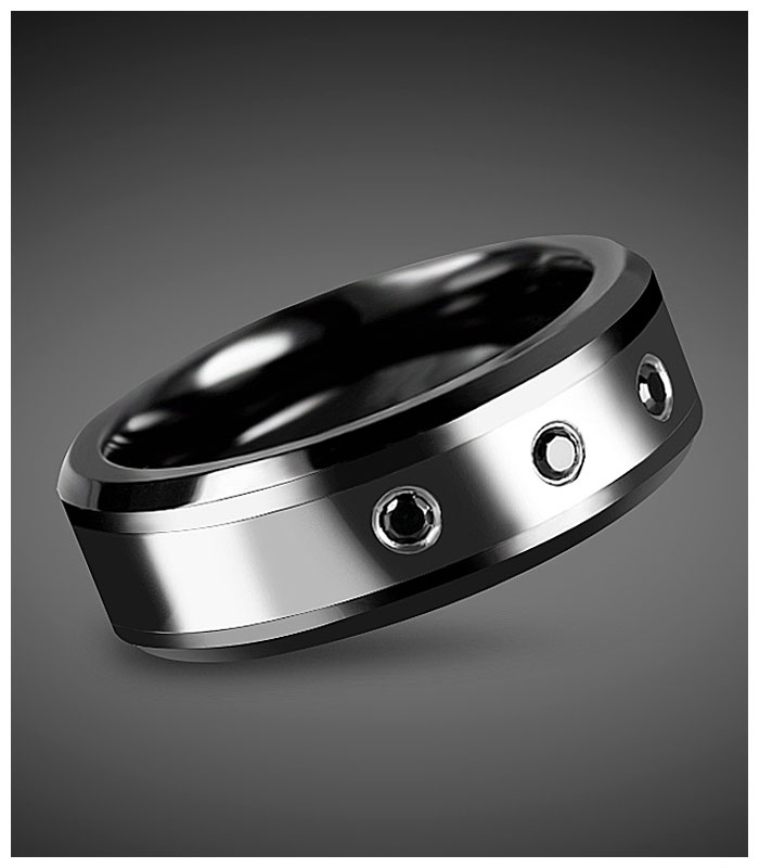 mens black tungsten ring with 3 black diamonds