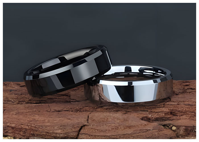 silver white and black tungsten couple rings