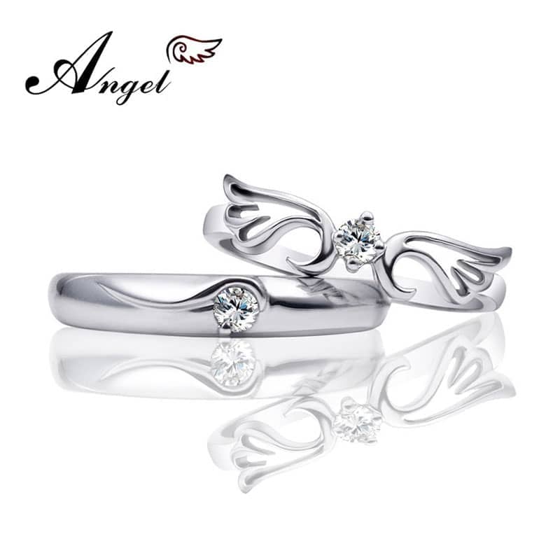 (image for) Angel Wing + Crown Couple Rings Set for Women and Men, 925 Sterling Silver Cute Promise Rings with CZ Diamond, Matching His and Hers Jewelry for Couples