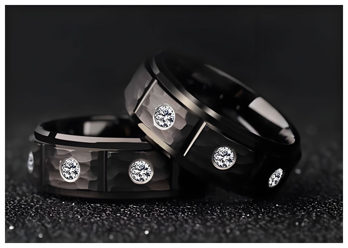 black hammered tungsten wedding ring
