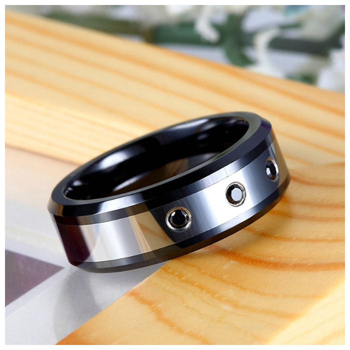 mens black tungsten ring with 3 black diamonds