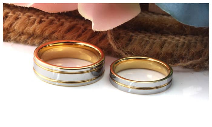 Melaguet Jewelry His and Her Two-Tone Gold Plated Domed Couples Wedding Engagement Ring Tungsten Carbide Bands