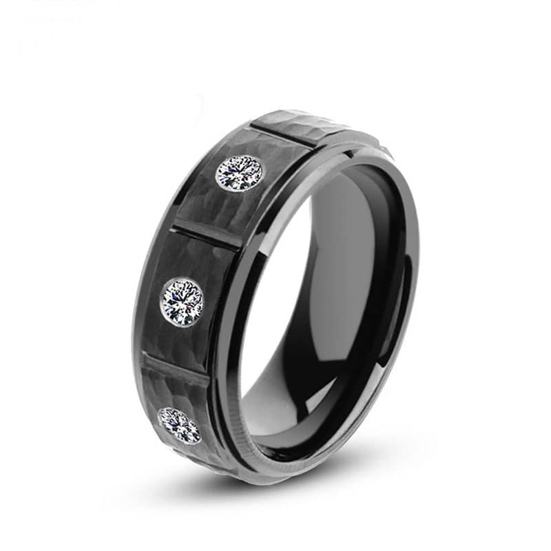 (image for) Hammered Finish Black Tungsten Wedding Bands With Three Stones And Grooves, Mens Unique Tungsten Carbide Wedding Ring Band - 8mm, Matching Tungsten Jewelry Set