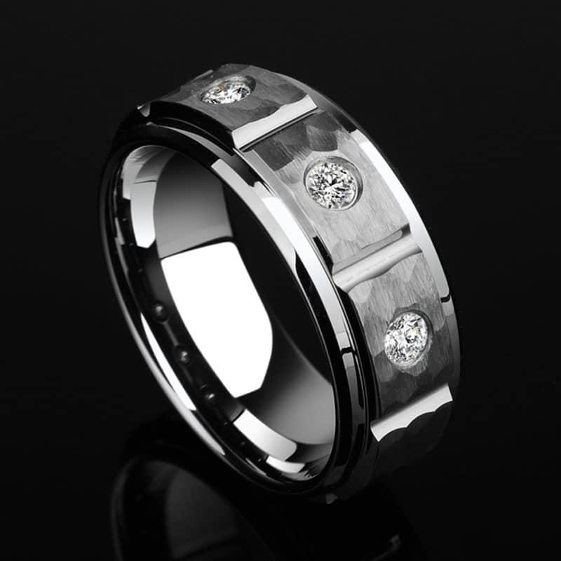 (image for) Hammered Finish Black Tungsten Wedding Bands With Three Stones And Grooves, Mens Unique Tungsten Carbide Wedding Ring Band - 8mm, Matching Tungsten Jewelry Set