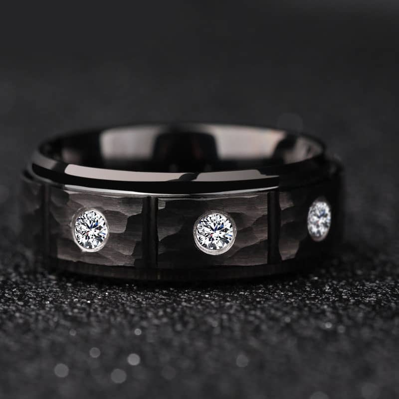 (image for) Hammered Finish Black Tungsten Wedding Bands With Three Stones And Grooves, Mens Unique Tungsten Carbide Wedding Ring Band - 8mm, Matching Tungsten Jewelry Set