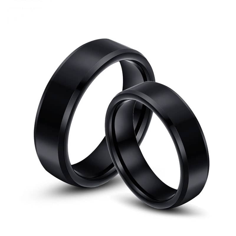(image for) Matching Black Tungsten Couple Rings with Flat Center and Beveled Edges