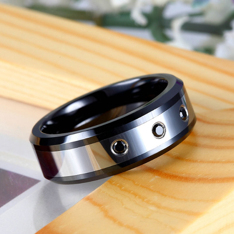 (image for) Black Tungsten Ring with Three Black Diamonds 8mm Mens Two Tone Wedding Band