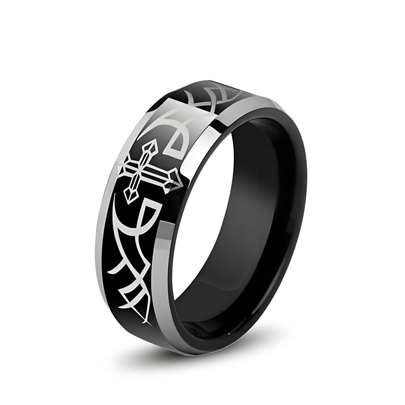 (image for) Black Tungsten Ring with Laser Engraved Cross and Wings Mens Wedding Band