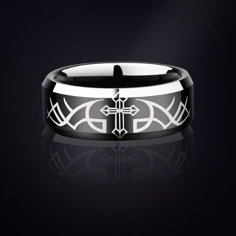 (image for) Black Tungsten Ring with Laser Engraved Cross and Wings Mens Wedding Band
