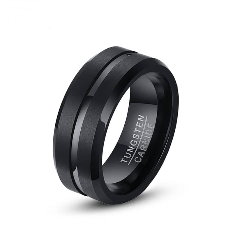 (image for) Black Tungsten Wedding Bands With Gold / Blue Groove, Mens Tungsten Carbide Wedding Ring Band With Beleved Edges - 8mm, Matching Tungsten Jewelry Set For Couples