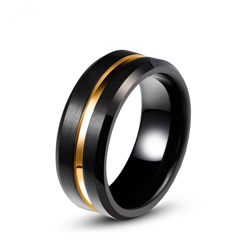 (image for) Black Tungsten Wedding Bands With Gold / Blue Groove, Mens Tungsten Carbide Wedding Ring Band With Beleved Edges - 8mm, Matching Tungsten Jewelry Set For Couples