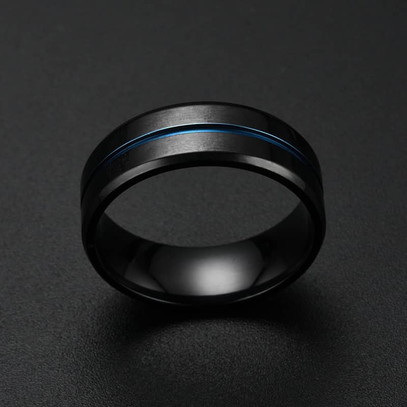 (image for) Black Tungsten Wedding Bands With Blue Groove, Brushed Finish Mens Tungsten Carbide Wedding Ring Band With Beleved Edges - 8mm, Matching Couple Tungsten Jewelry Set