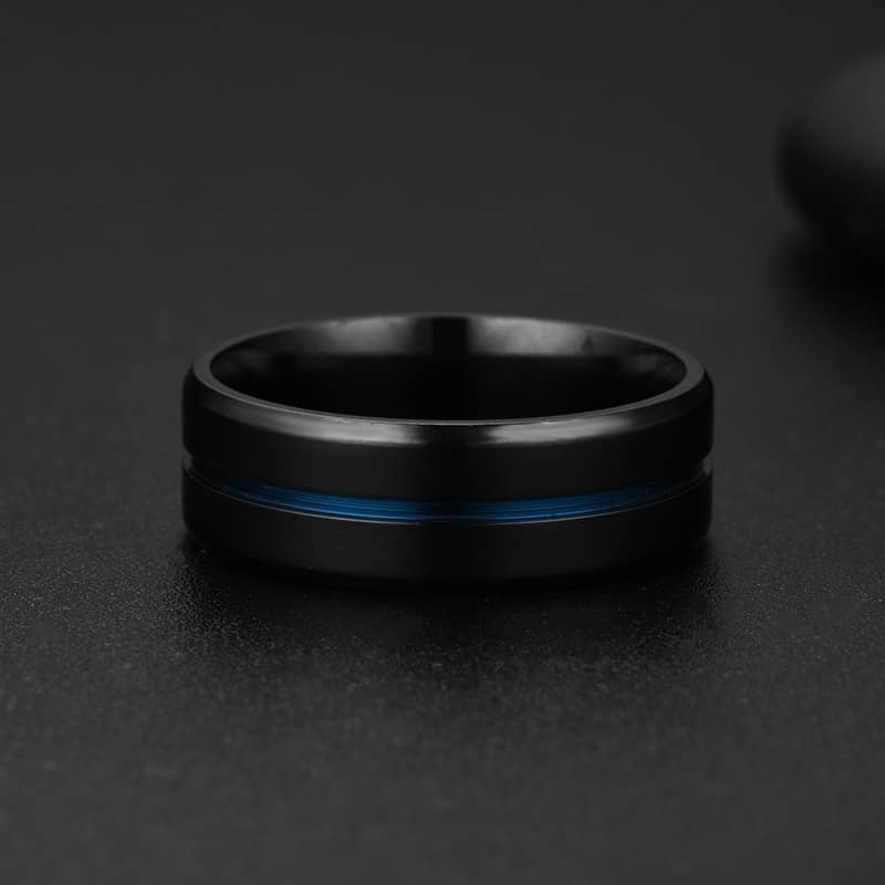 (image for) Black Tungsten Wedding Bands With Blue Groove, Brushed Finish Mens Tungsten Carbide Wedding Ring Band With Beleved Edges - 8mm, Matching Couple Tungsten Jewelry Set