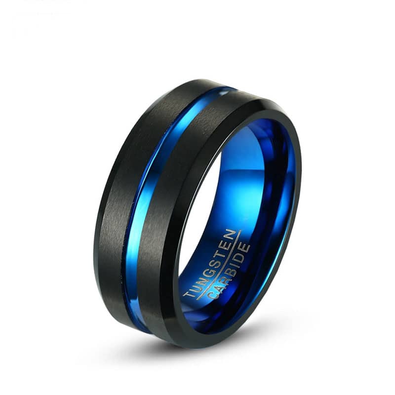 (image for) Black Tungsten Wedding Bands With Blue Groove, Brushed Finish Mens Tungsten Carbide Wedding Ring Band With Beleved Edges - 8mm, Matching Couple Tungsten Jewelry Set
