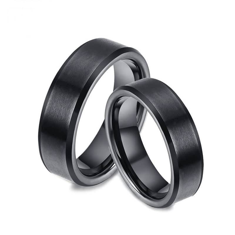 (image for) Matching Black Tungsten Couple Rings with Brushed Center and High Polished Beveled Edges