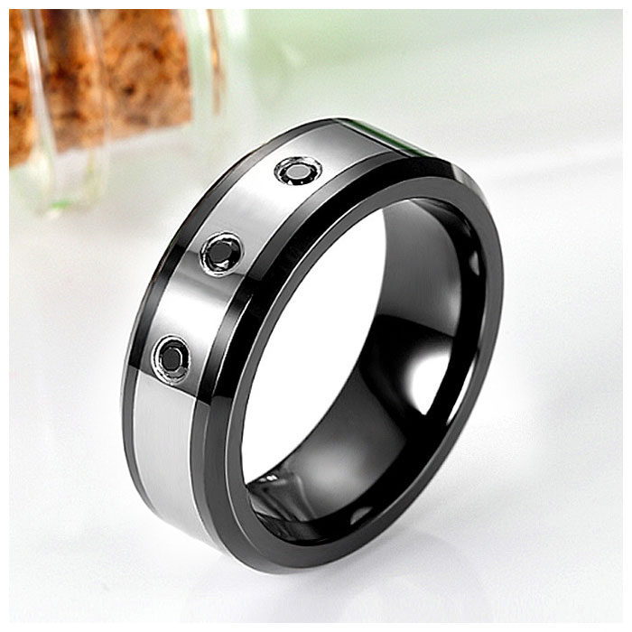 mens black tungsten ring with 3 black diamonds