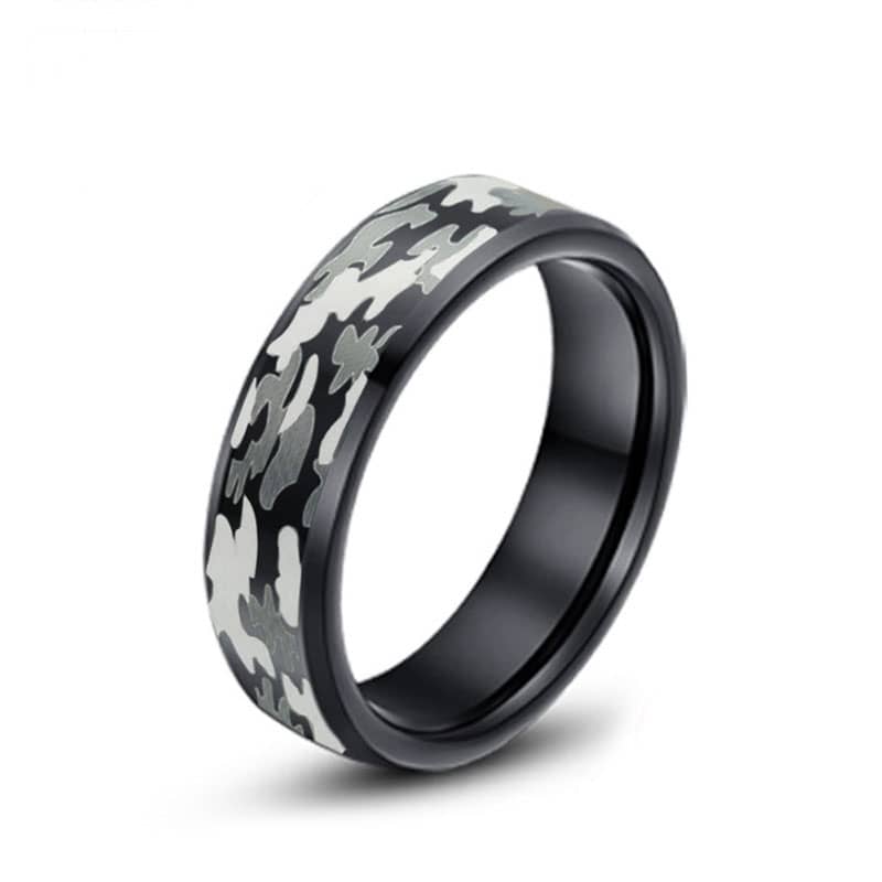 (image for) Camo Laser Engraved Tungsten Wedding Band, Black Beveled-Edge Tungsten Carbide Wedding Ring Band - 6mm - 8mm, Matching His and Hers Jewelry Set for Couples