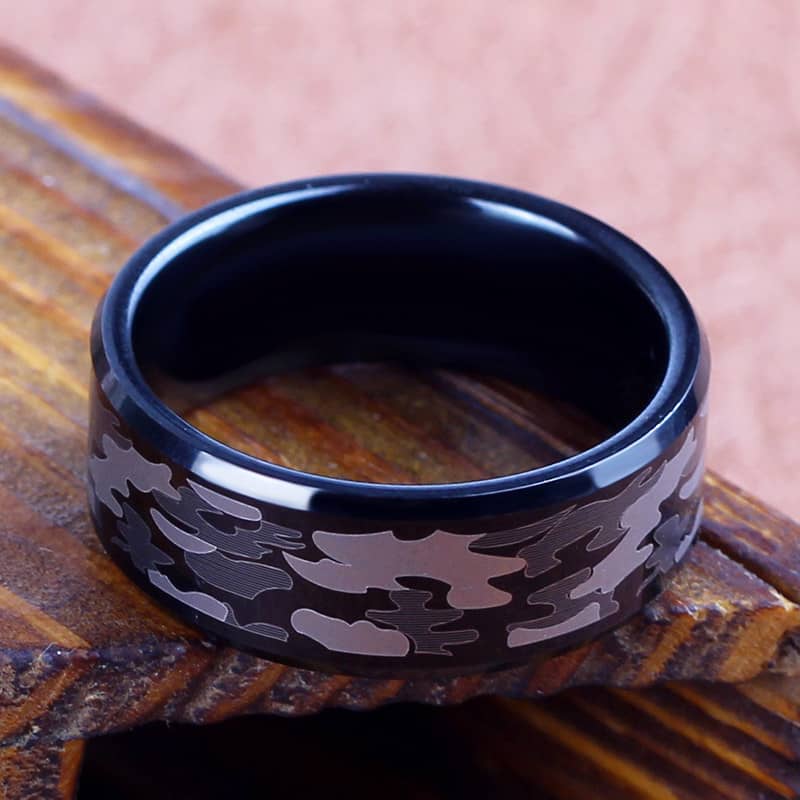 Camo Laser Engraved Tungsten Wedding Band, Black Beveled-Edge Tungsten Carbide Wedding Ring Band - 6mm - 8mm, Matching His and Hers Jewelry Set for Couples (image for) Camo Laser Engraved Tungsten Wedding Band, Black Beveled-Edge Tungsten Carbide Wedding Ring Band - 6mm - 8mm, Matching His and Hers Jewelry Set for Couples