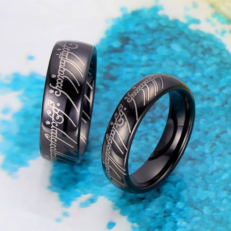 (image for) Black Lord of The Rings Laser Engraved Tungsten Wedding Bands Set, Domed Tungsten Carbide LOTR One Ring - 4mm - 8mm, Matching His and Hers Jewelry for Couples