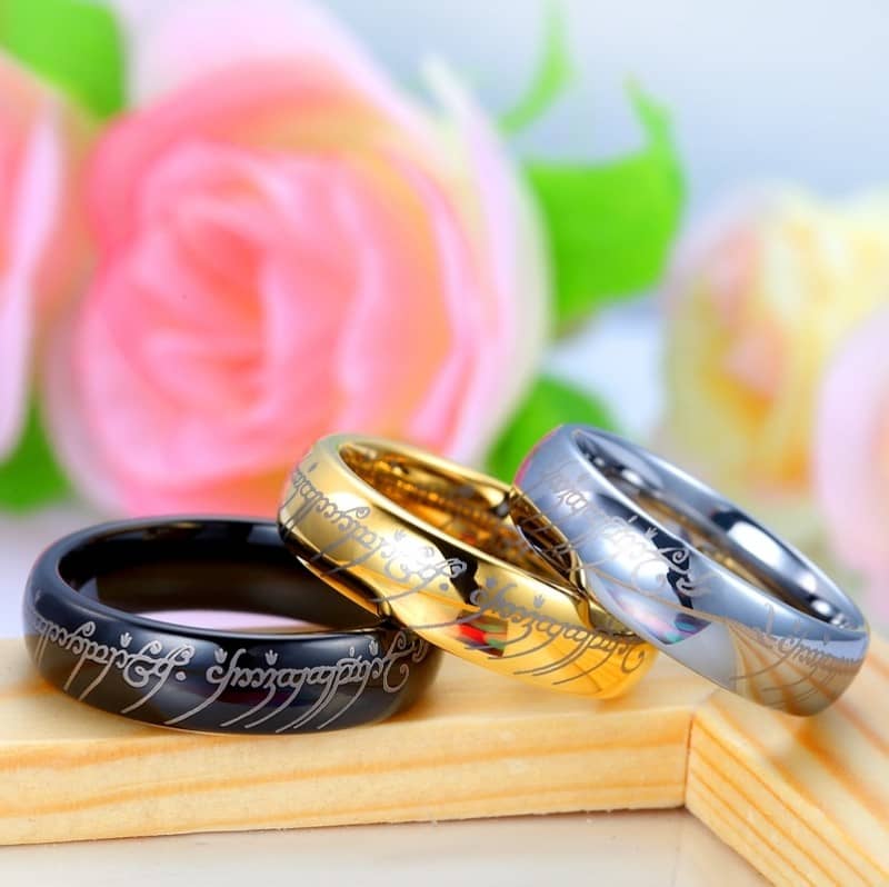 (image for) Black Lord of The Rings Laser Engraved Tungsten Wedding Bands Set, Domed Tungsten Carbide LOTR One Ring - 4mm - 8mm, Matching His and Hers Jewelry for Couples