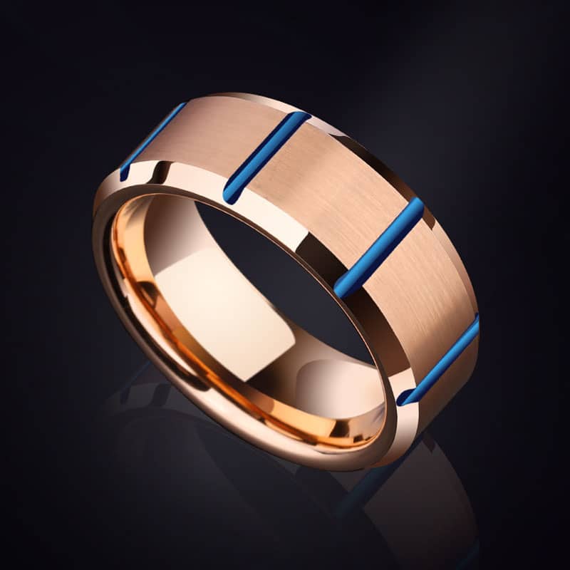 (image for) Rose Gold Tungsten Wedding Bands With Blue Grooves, Men Or Women Tungsten Carbide Wedding Ring Band With Beleved Edges - 8mm, Matching Couple Tungsten Jewelry