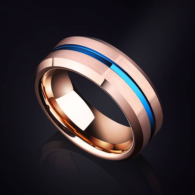 (image for) Rose Gold Tungsten Wedding Bands With Blue Grooves, Men Or Women Tungsten Carbide Wedding Ring Band With Beleved Edges - 8mm, Matching Couple Tungsten Jewelry