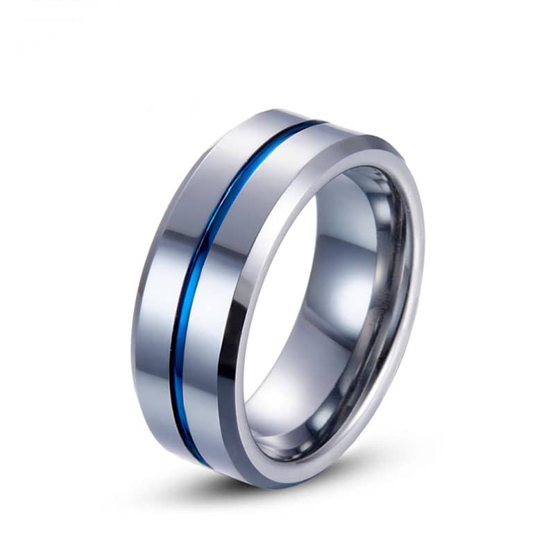 (image for) Polished Tungsten Wedding Bands With Blue / Gold / Black Groove, Mens White Tungsten Carbide Wedding Ring Band With Beleved Edges - 8mm, Matching Couple Jewelry Set