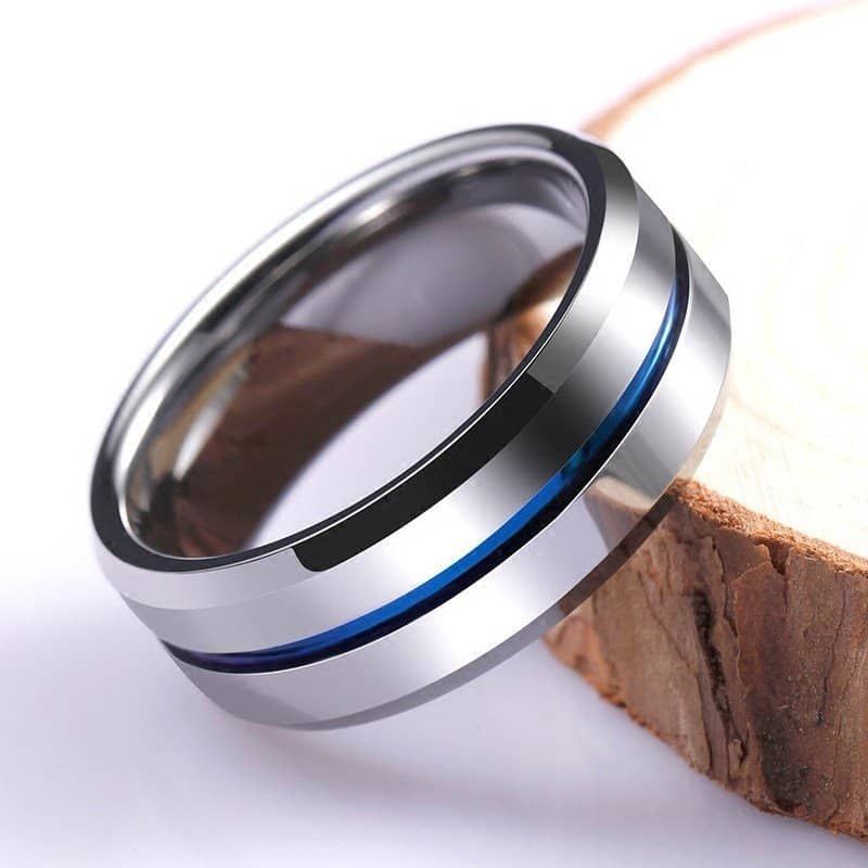 (image for) Polished Tungsten Wedding Bands With Blue / Gold / Black Groove, Mens White Tungsten Carbide Wedding Ring Band With Beleved Edges - 8mm, Matching Couple Jewelry Set