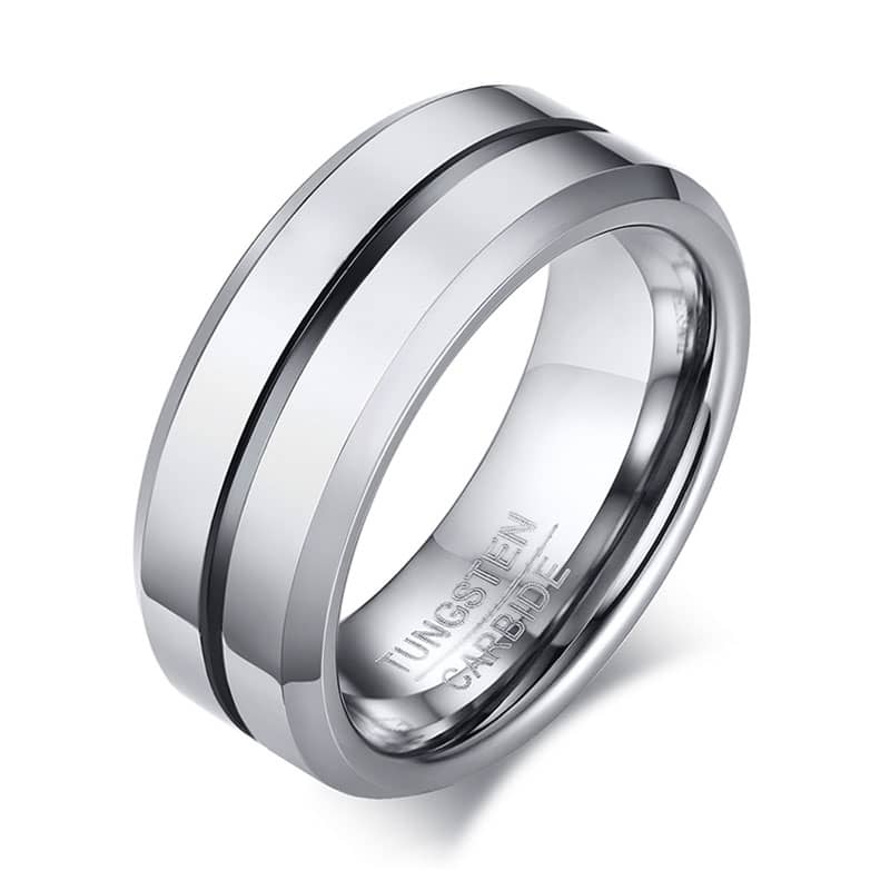 (image for) Polished Tungsten Wedding Bands With Blue / Gold / Black Groove, Mens White Tungsten Carbide Wedding Ring Band With Beleved Edges - 8mm, Matching Couple Jewelry Set