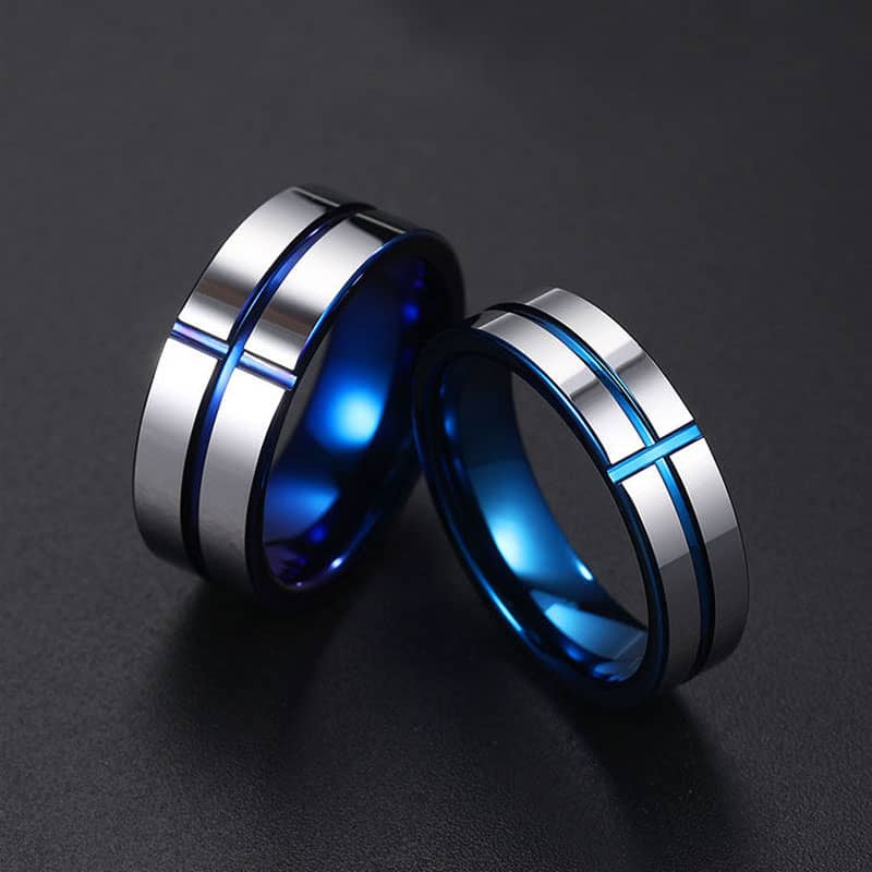 (image for) Blue Tungsten Wedding Bands With Crossed Grooves, Men Or Women Two-Tone Tungsten Carbide Wedding Ring Band - 6mm - 8mm, Matching Couples Tungsten Jewelry Set